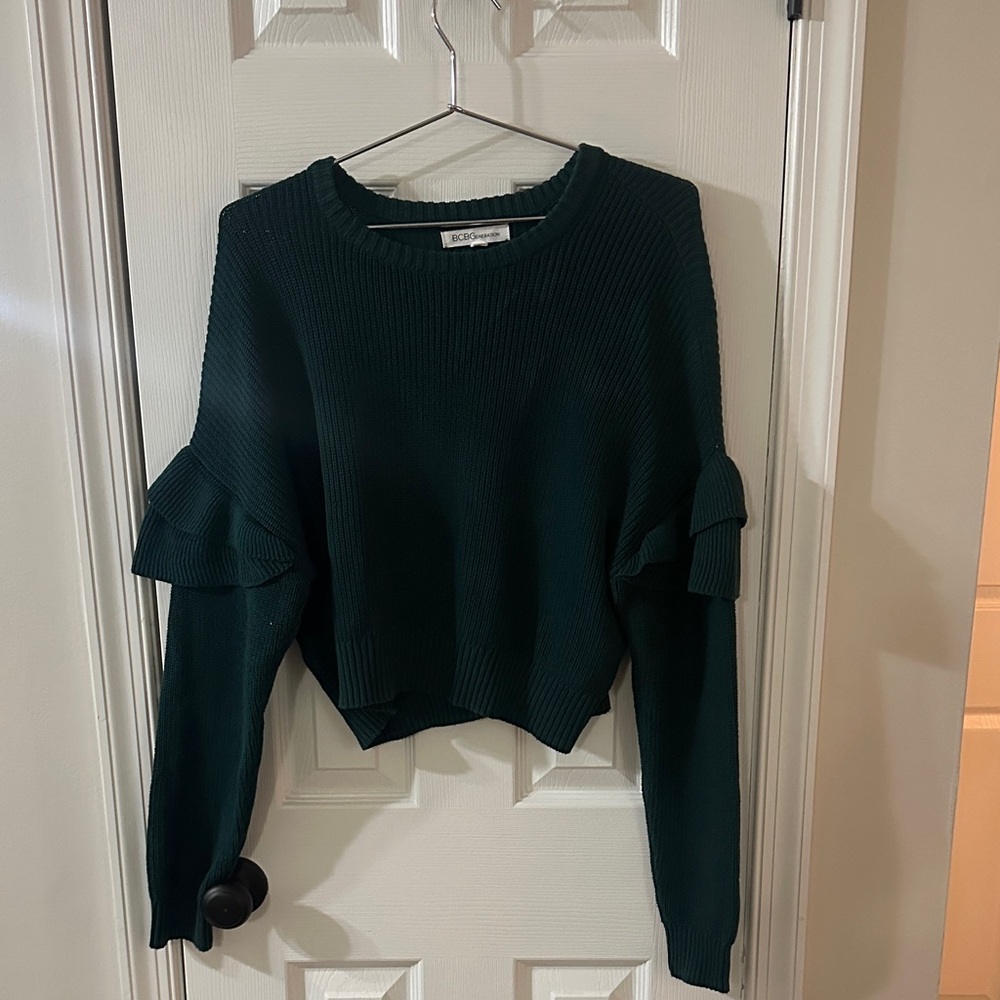 BCBGeneration Dark Green Ruffle Sleeve Sweater